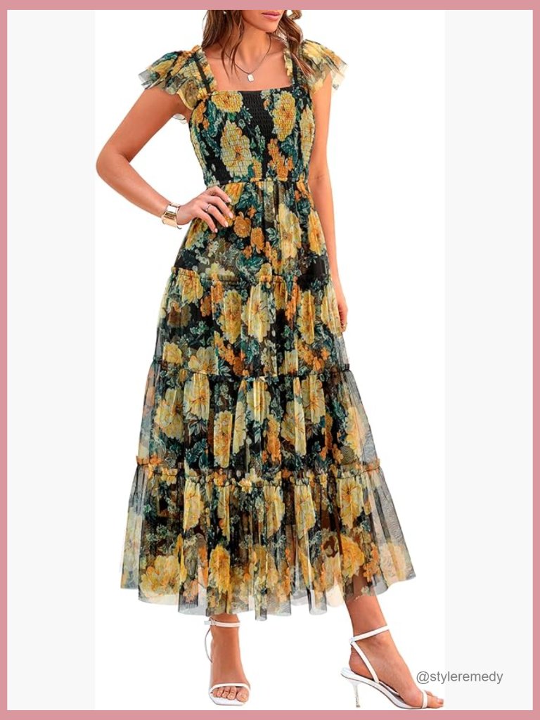 Tulle Midi Dress Sleeveless Smocked Ruffle Flowy Mesh Sundress
